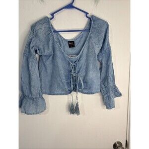 Emme Jordan Boho Cropped Lace Up Top Small Baby Blue New With Tags